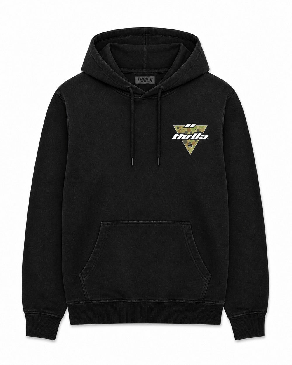 Auscam black hoodie — small camo triangle THRILA chest print