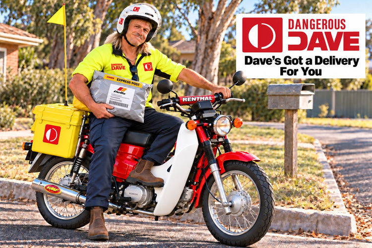 Dangerous Dave on his red postie bike beside a letterbox, holding a THRILA parcel. Dave’s Got a Delivery For You.