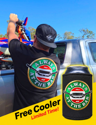 Thirst Tee worn beside a silver ute with matching cooler and Free Cooler — Limited Time! offer