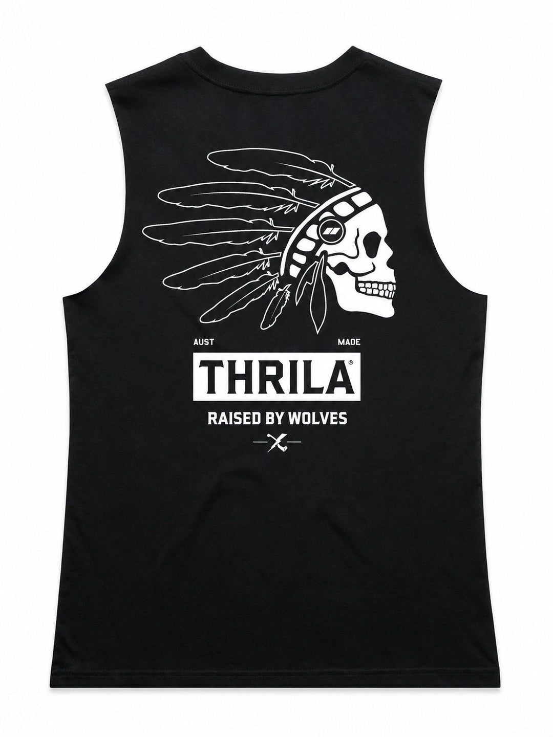 Comanche artwork on a black ladies tank, back view