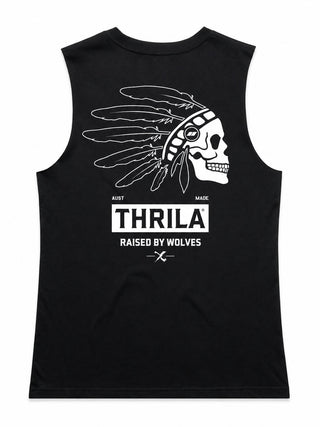 Comanche artwork on a black ladies tank, back view