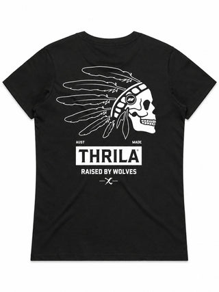 Comanche artwork on a black ladies tee, back view