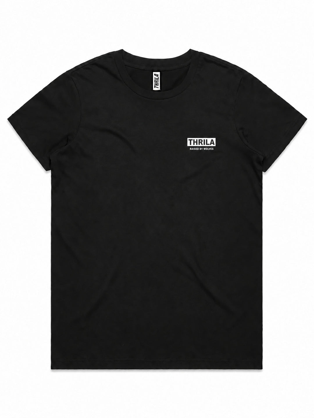 Comanche artwork on a black ladies tee, front view