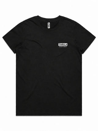 Comanche artwork on a black ladies tee, front view