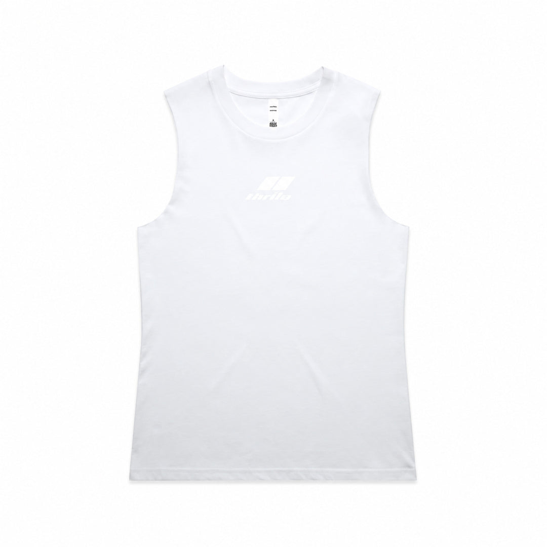 Stealth low-branding ladies tank in white, front view with subtle centre-chest logo