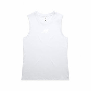 Stealth low-branding ladies tank in white, front view with subtle centre-chest logo