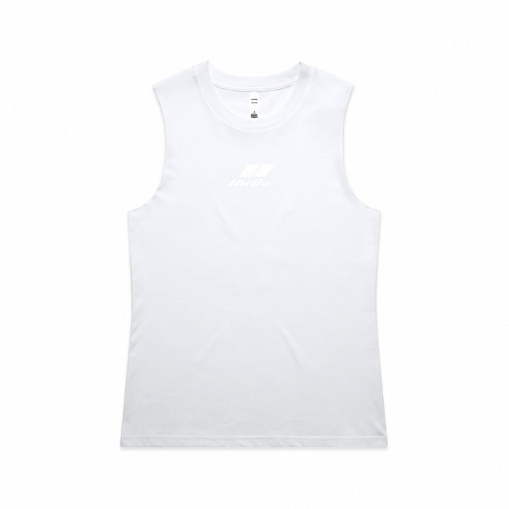 Stealth low-branding ladies tank in white, front view with subtle centre-chest logo