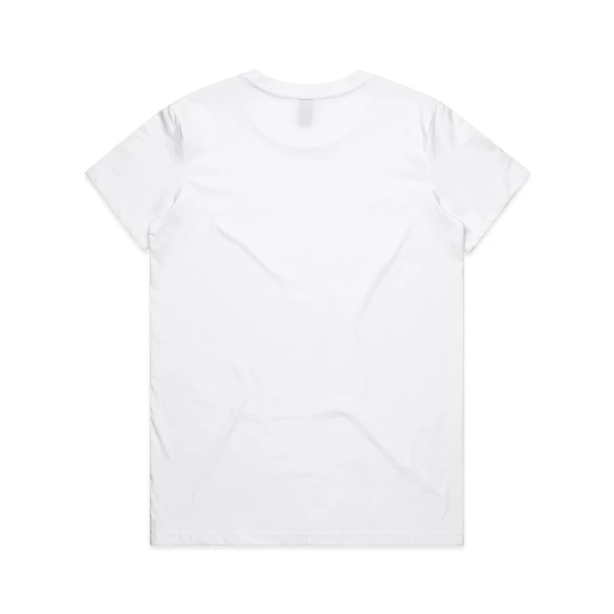 Stealth low-branding ladies tee in white, back view with no print