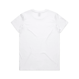 Stealth low-branding ladies tee in white, back view with no print