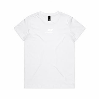Stealth low-branding ladies tee in white, front view with subtle centre-chest logo