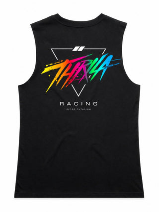 Miami artwork on a black ladies tank, back view