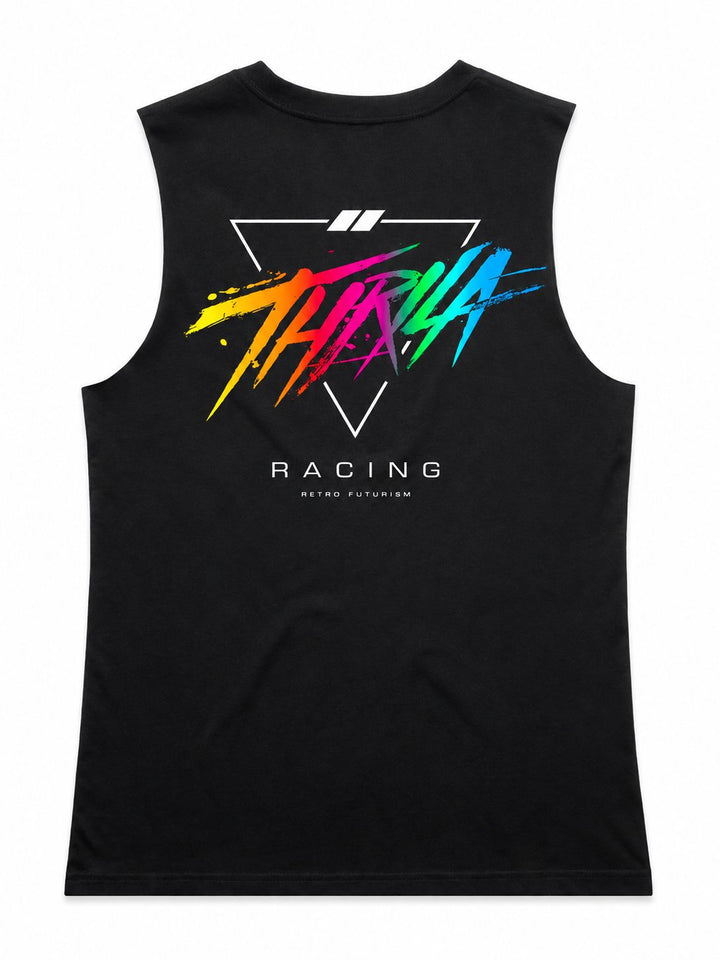 Miami artwork on a black ladies tank, back view