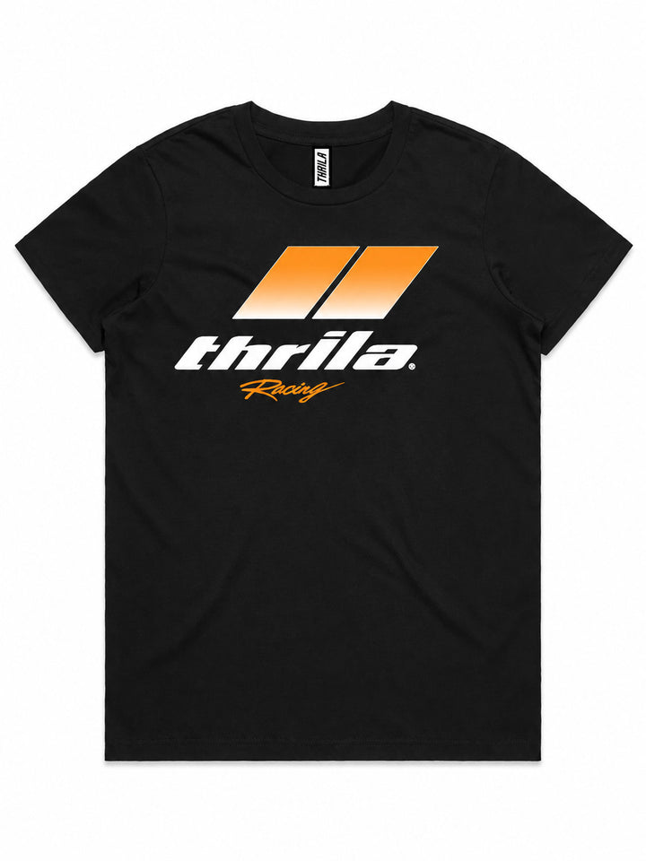 Racer CUSTOM NAME &amp; NUMBER Ladies Top (Choose Tee or Tank) — tee front