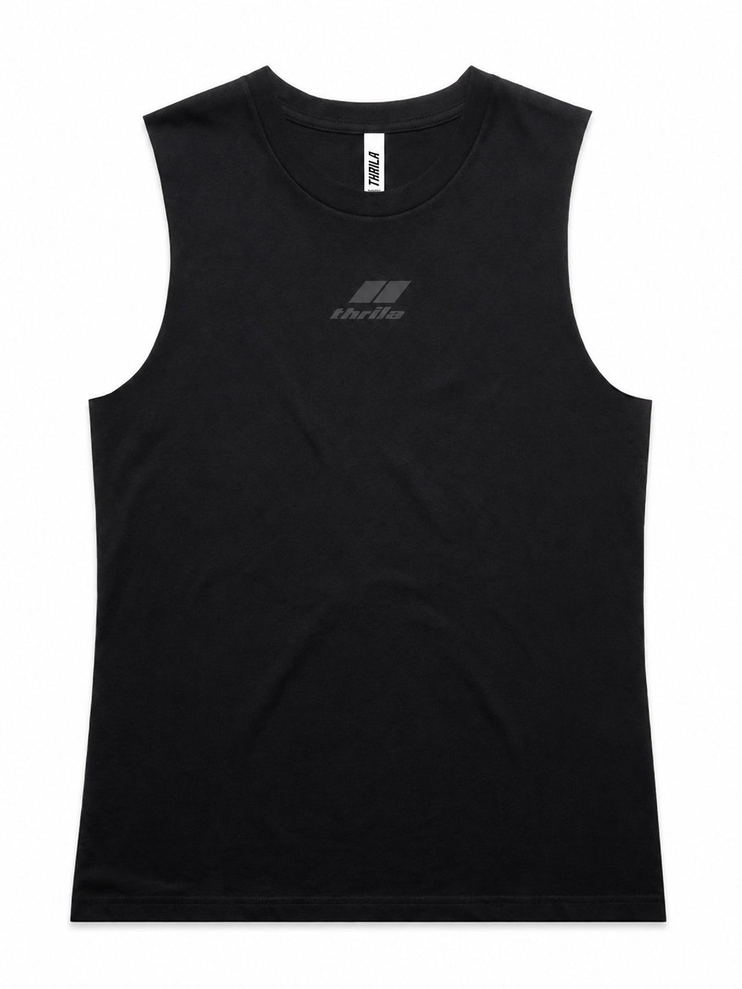 Stealth low-branding ladies tank in black, front view with subtle centre-chest logo