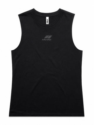 Stealth low-branding ladies tank in black, front view with subtle centre-chest logo