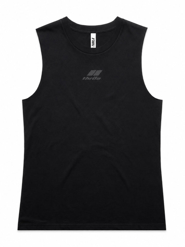 Stealth low-branding ladies tank in black, front view with subtle centre-chest logo