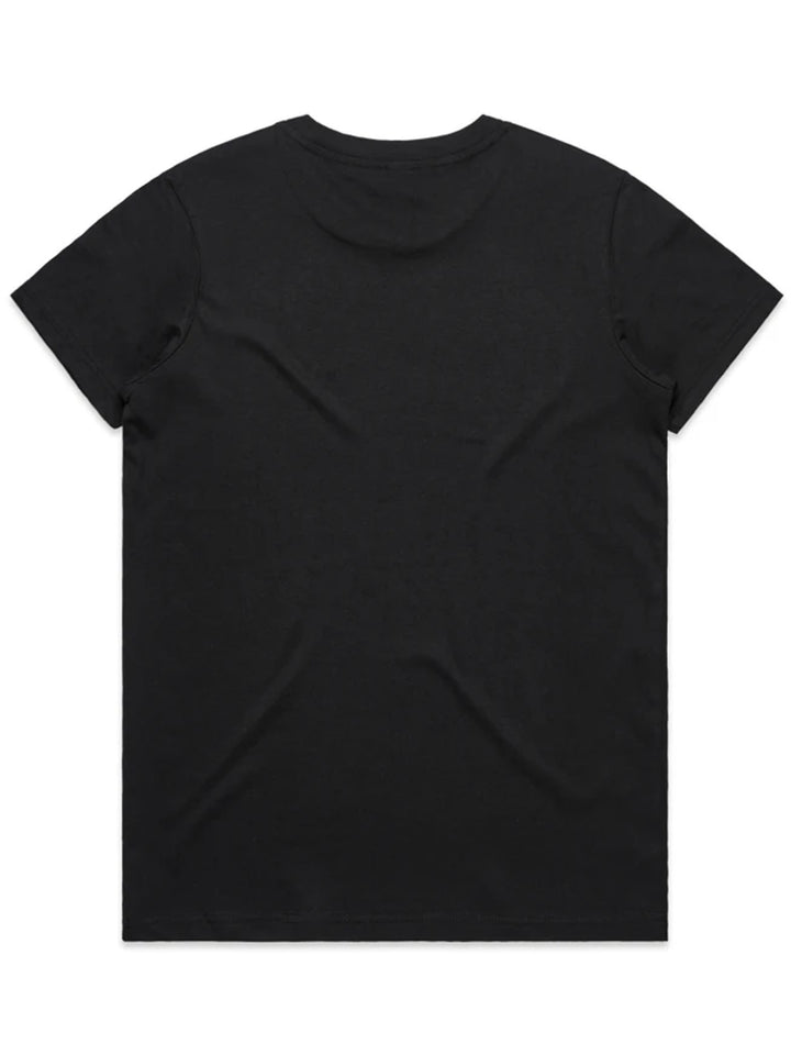 Stealth low-branding ladies tee in black, back view with no print