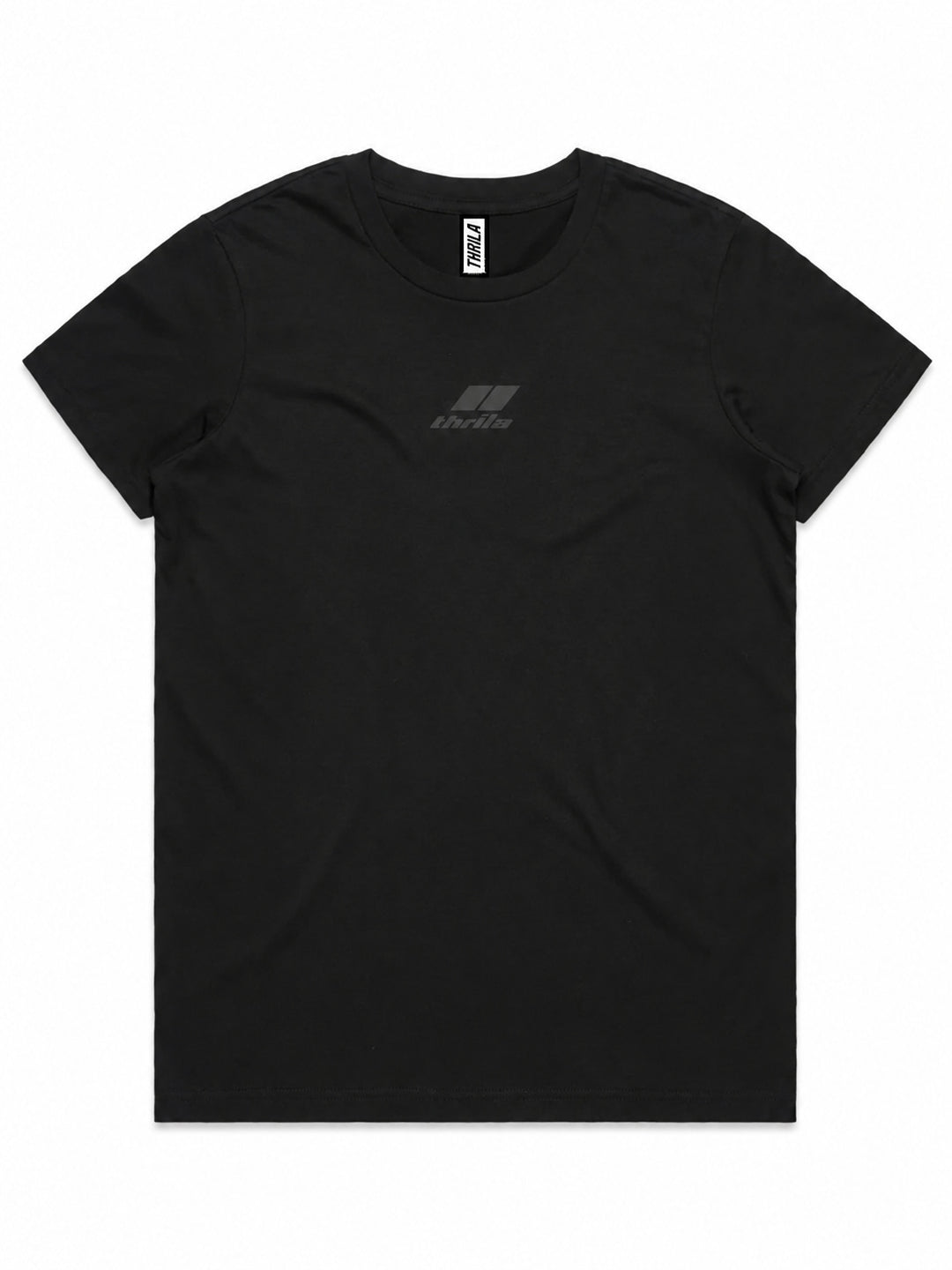 Stealth low-branding ladies tee in black, front view with subtle centre-chest logo