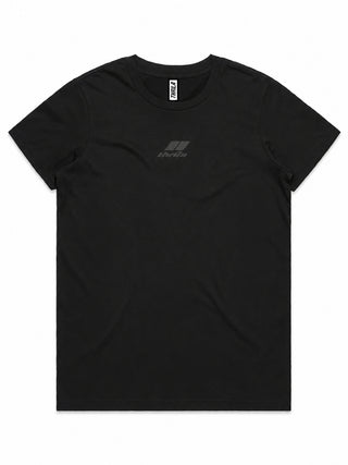 Stealth low-branding ladies tee in black, front view with subtle centre-chest logo