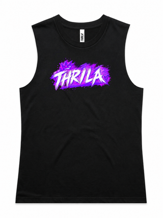 Out the Gate Top — black ladies tank front with white and purple THRILA chest print