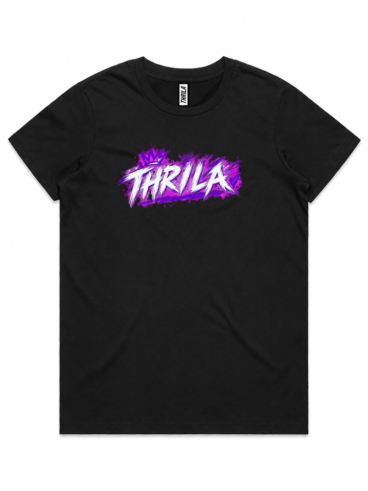 Out the Gate Top — black ladies tee front with white and purple THRILA chest print