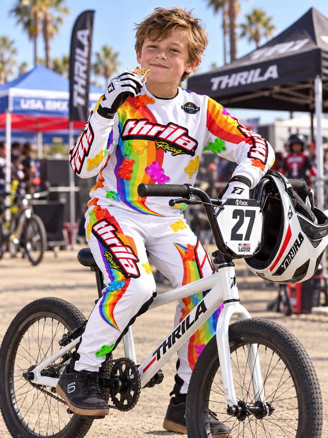 THRILA Candy White BMX racewear on a rider