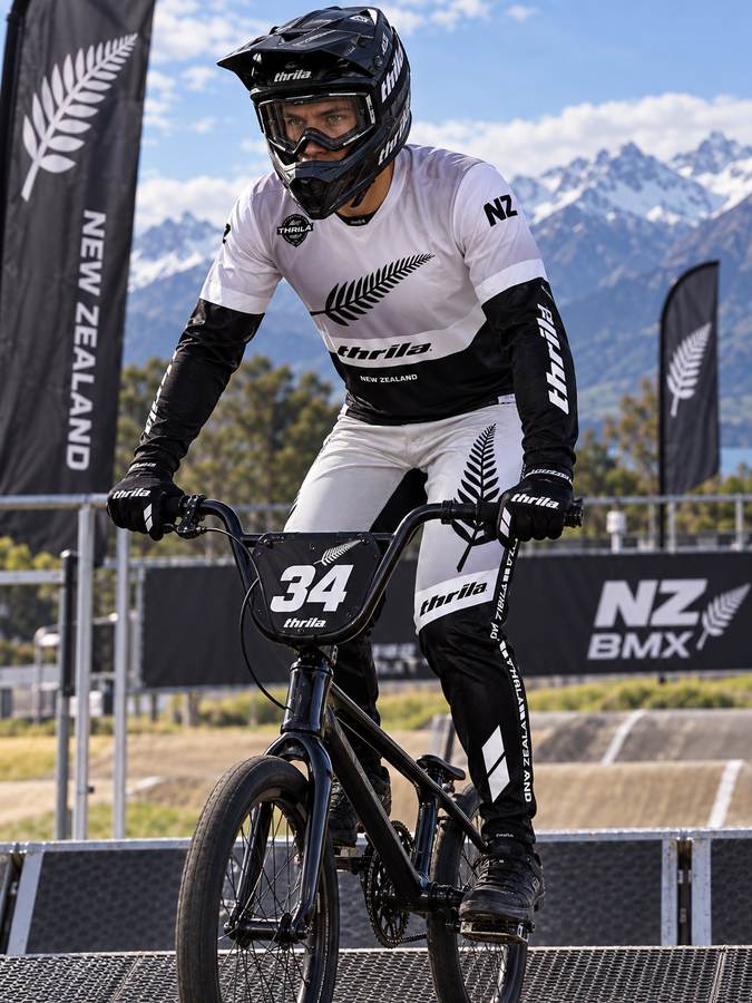 THRILA Team NZ '25 BMX racewear on a rider