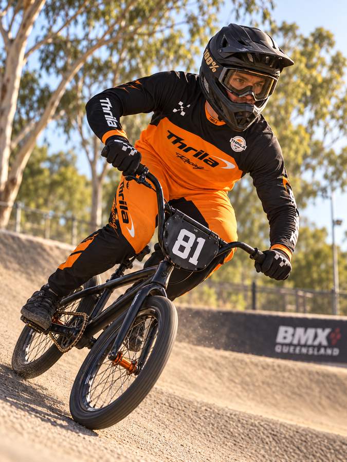 THRILA Papaya BMX racewear on a rider