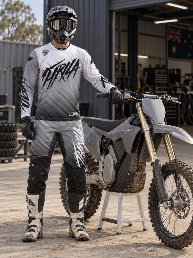 THRILA Vulcan Grey Motocross racewear on a rider