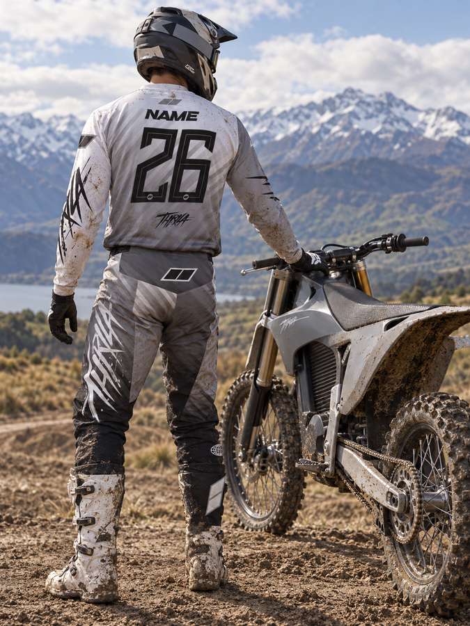 THRILA Vulcan Grey Motocross racewear on a rider