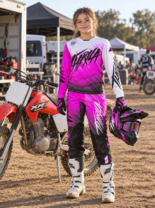 THRILA Vulcan Pink Motocross racewear on a rider