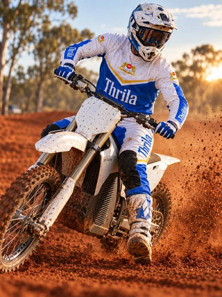 THRILA Winnie Blues Motocross racewear on a rider