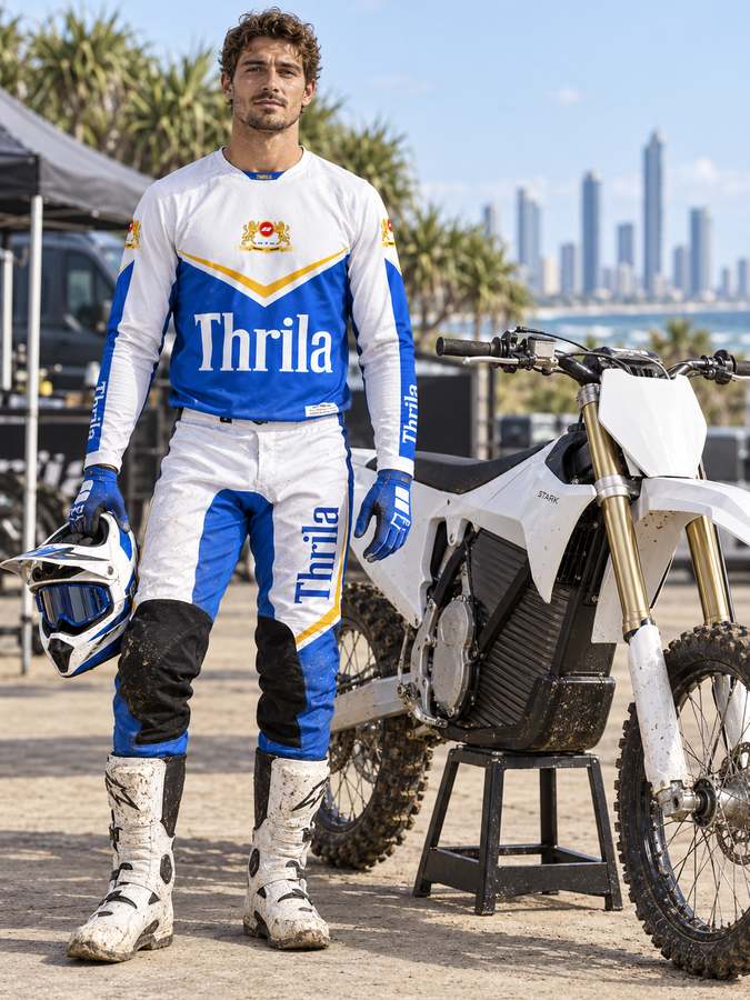 THRILA Winnie Blues Motocross racewear on a rider