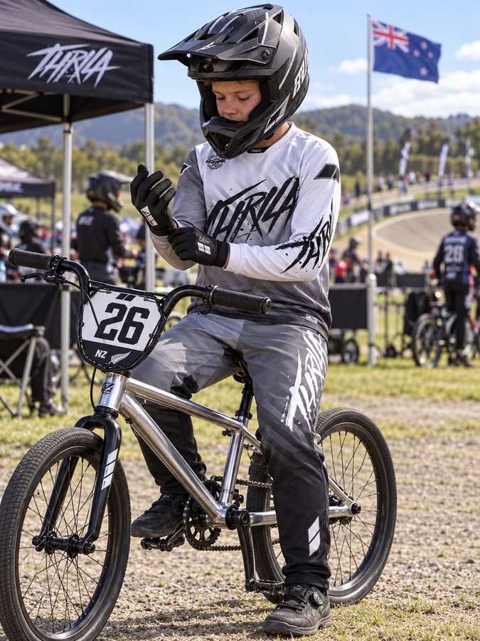 THRILA Vulcan Grey BMX racewear on a rider