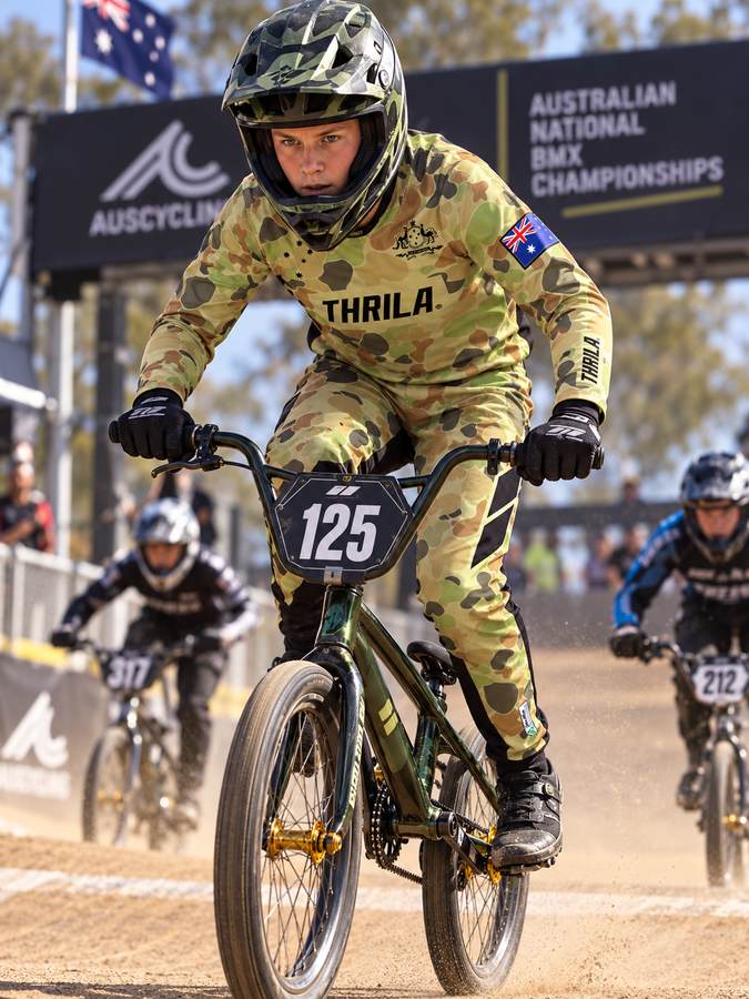 THRILA Auscam BMX racewear on a rider