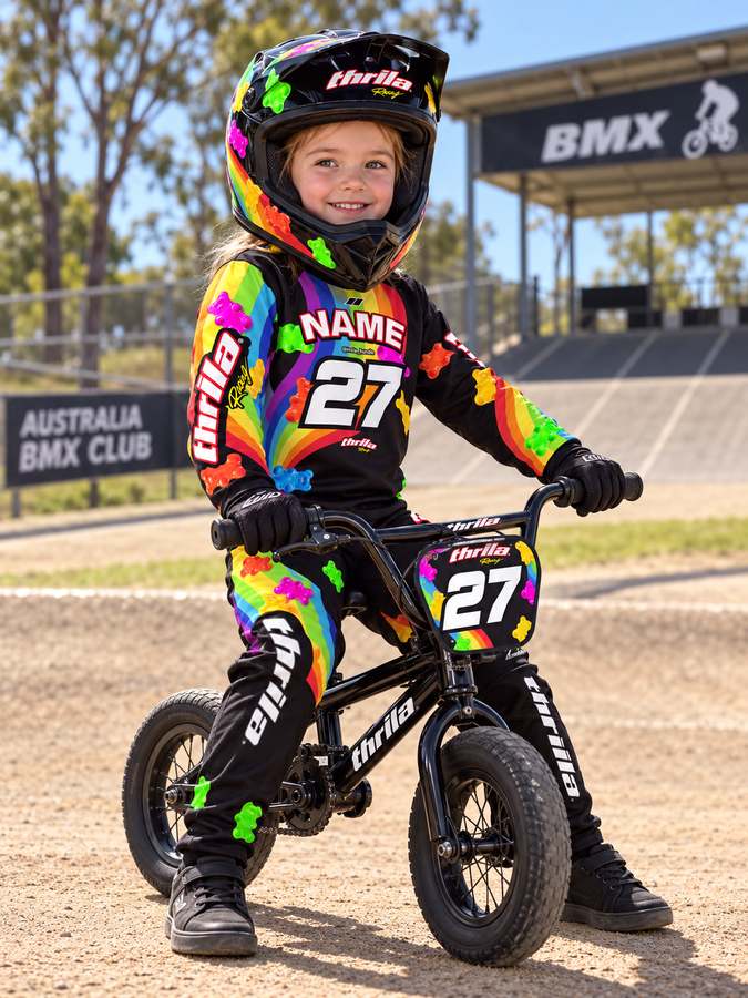 THRILA Candy Black BMX racewear on a rider
