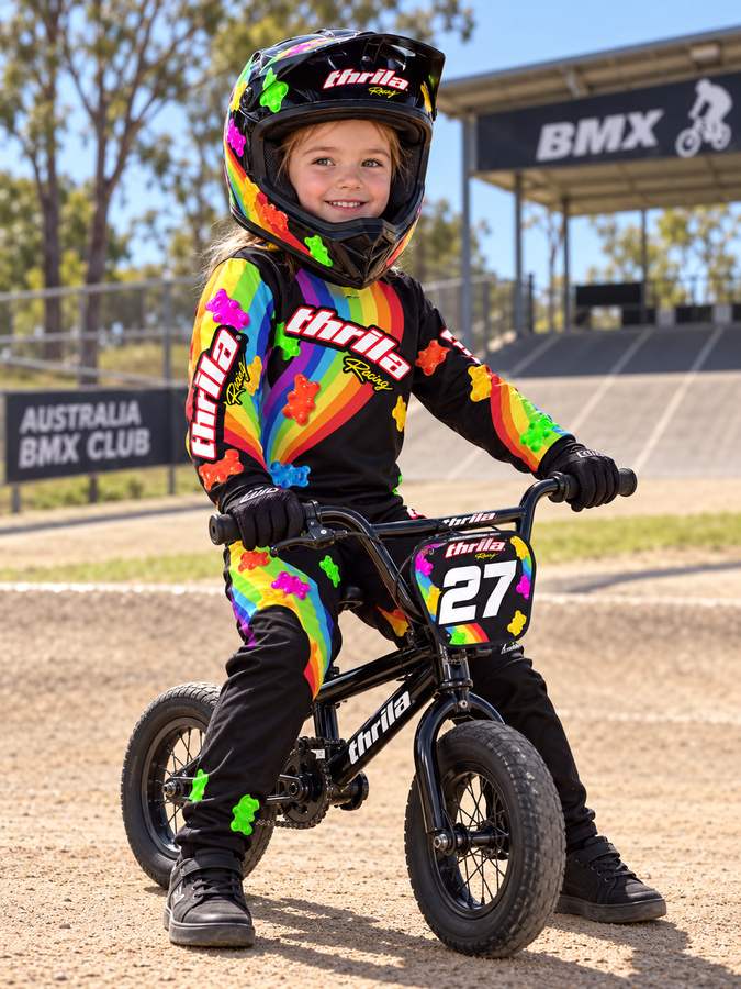 THRILA Candy Black BMX racewear on a rider