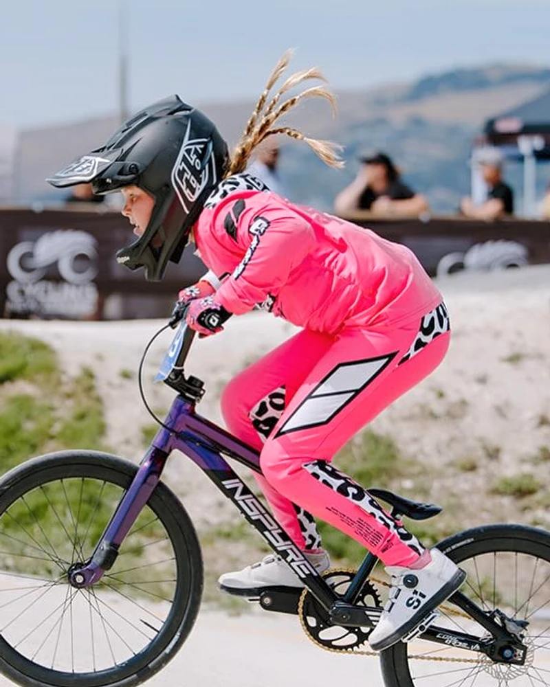 THRILA Cool Cat Pink BMX/MTN Bike racewear on a rider