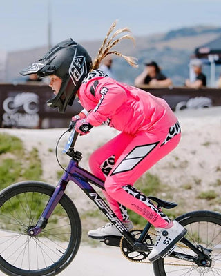 THRILA Cool Cat Pink BMX/MTN Bike racewear on a rider