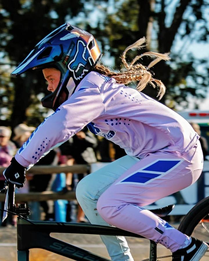 THRILA Cotton Candy BMX/MTN Bike racewear on a rider